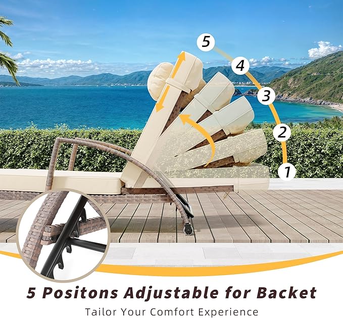 Set of 2 Chaise Lounge Chairs Outdoor, PE Rattan Wicker Poolside Recliners with 5-Position Adjustable Backrest, Blue Cushions, Armrests and Wheels, Patio and Garden Furniture for Beach and Backyard, B