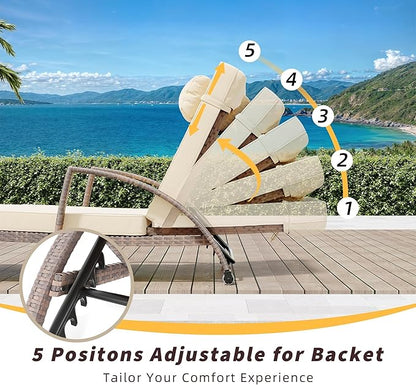 Set of 2 Chaise Lounge Chairs Outdoor, PE Rattan Wicker Poolside Recliners with 5-Position Adjustable Backrest, Blue Cushions, Armrests and Wheels, Patio and Garden Furniture for Beach and Backyard, B