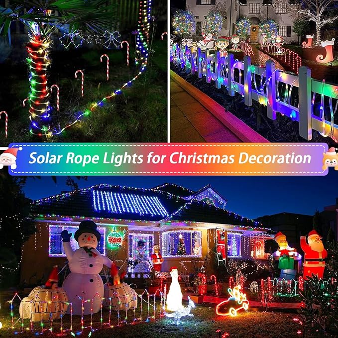 2Pack Solar Outdoor Garden Lights, Total 200LED Rope Decor Lights | Waterproof Auto On/Off with 8 Modes, Fairy Tree Rope Lights for Christmas Patio Garden Tree Wedding and Holiday Multicolor