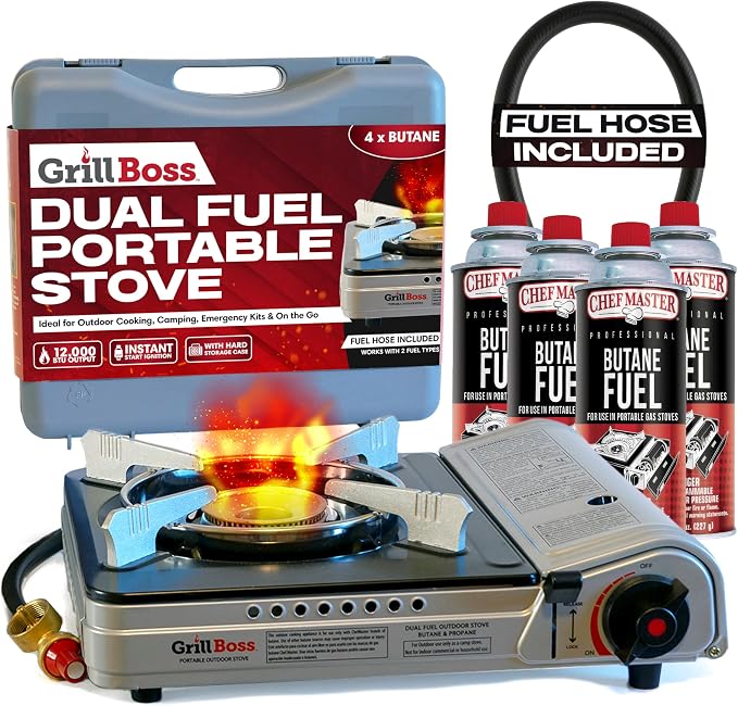Grill Boss Dual Fuel Camp Stove w/ 4x 8oz Butane Canisters - 12,000 BTU Butane & Propane Portable Stove for Camping, Emergencies, BBQ, Hiking & Backpacking - Double Wind Guard, Piezo Ignition - 90057 | Single Burner Gas Cooker, Propane Adapter Included...