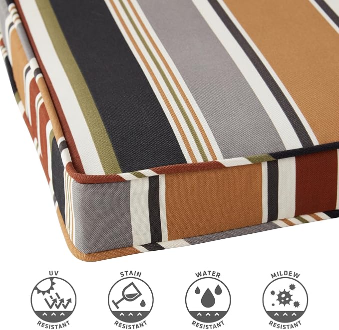 Outdoor 18 inch Square Patio Dining Chair Pads – Comfortable Fiber-Filled Seat Cushions with Ties, Reversible Polyester Fabric - Brick Stripe, Set of 2