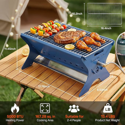 QuliMetal Portable Camping Grill, Foldable 3-in-1 Charcoal Wood Gas BBQ Grill with Carry Bag, Heavy-Duty Stainless Steel Fire Pit for Outdoor Cooking Backpacking Tailgating Patio Backyard