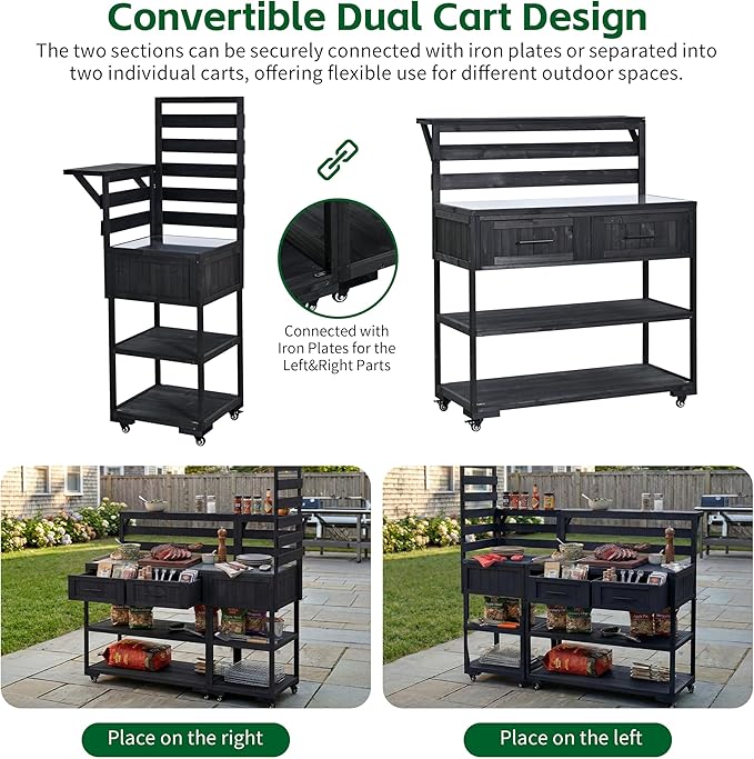 62 Inch Patio Kitchen Island with Stainless Steel Top, Black | Black fir wood, stainless steel top, garden or patio, raised shelf, 2 drawers, lockable wheels, modular design, 62.3 in L