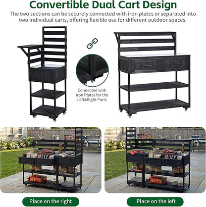 62 Inch Patio Kitchen Island with Stainless Steel Top, Black | Black fir wood, stainless steel top, garden or patio, raised shelf, 2 drawers, lockable wheels, modular design, 62.3 in L