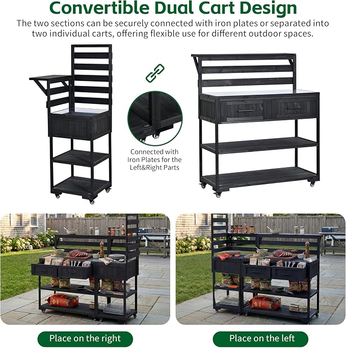 Outdoor Kitchen Cart with Stainless Steel Top, 62.3 Inch | Fir wood frame, stainless surface, raised shelf, fixed shelf, 2 lockable wheels, split-use design, BBQ prep, patio garden use