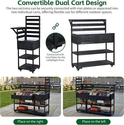 Outdoor Kitchen Cart with Stainless Steel Top, 62.3 Inch | Fir wood frame, stainless surface, raised shelf, fixed shelf, 2 lockable wheels, split-use design, BBQ prep, patio garden use