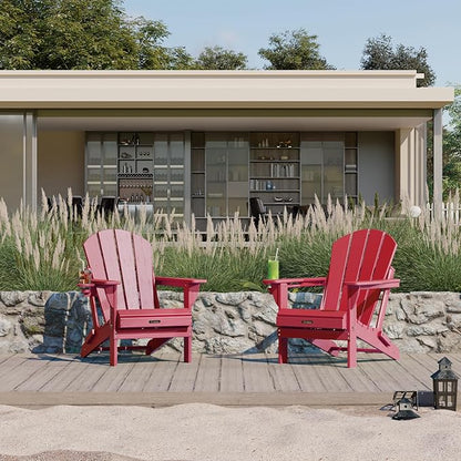 Ciokea Folding Adirondack Chair 2 Pack, Patio Adirondack Chair Weather Resistant, Plastic Fire Pit Chair with Cup Holder, Lawn Chair for Outdoor Porch Garden Backyard Deck (Red)
