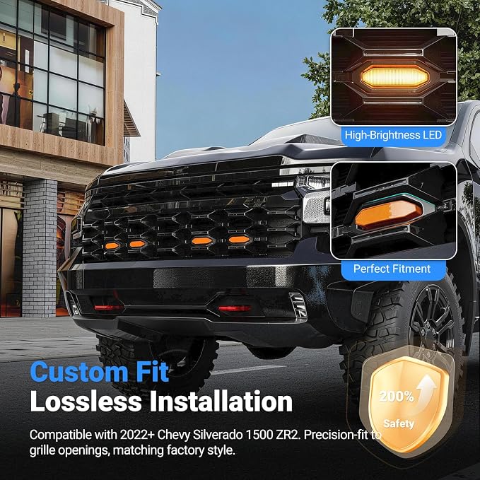 4pcs LED Front Grille Lights Compatible with 2022-2025 Chevy Silverado 1500 ZR2 Decorative Grille Lights with Fuse Wire Front Lamps Replacement for 2022-2025 Chevy Silverado Accessories