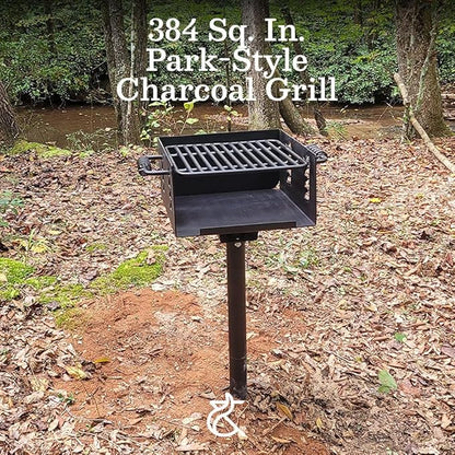 Ash & Ember 384 Sq. In Park-Style Charcoal Grill, Single Post Barbeque Grill, Adjustable Grate Height with Spring Handles, Outdoor Camping & Backyard BBQ Cookout