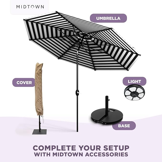 Midtown Umbrellas – The Lean 10 Ft Patio Umbrella with 10-Year-No-Fade Acrylast Acrylic Fabric, Auto-Tilt and 8 Reinforced Ribs for Deck, Pool, Garden, Hotel & Cafes – Urban Stripes Canopy, Black Pole