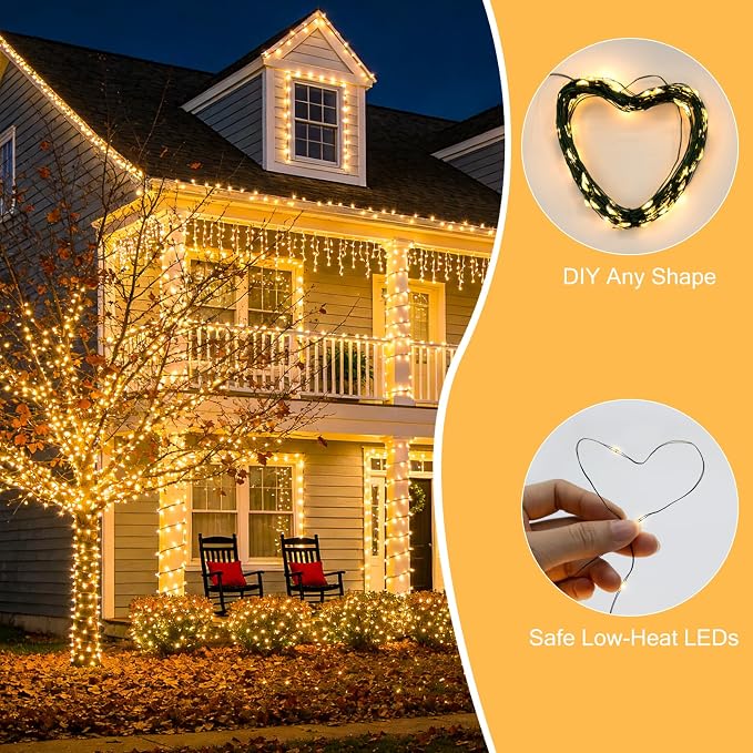 4 Pack Solar Fairy Lights Outdoor 131ft for Garden with 8 Modes(Warm White) | 400 LED Solar String Lights Outdoor Waterproof, Green Wire Twinkle Lights for Outside Christmas Party Decorations