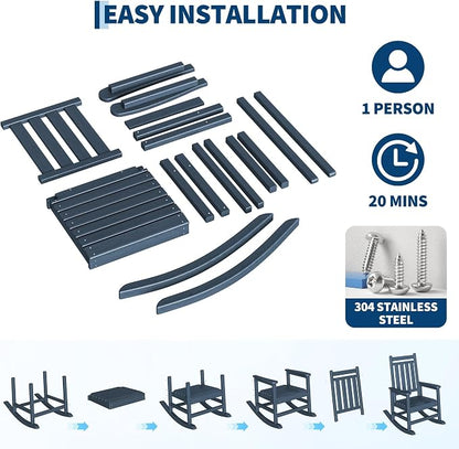Garvee HDPE Rocking Chair Outdoor Set of 2 with Side Table - Poly High Back Porch Rocker Chairs for Adults - All Weather Resistant Furniture for Patio Front Porch - Navy Blue