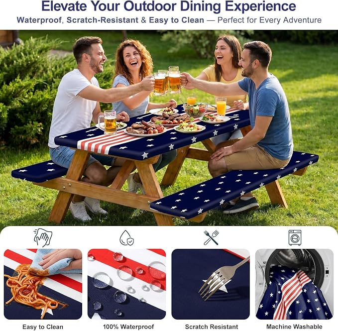 Picnic Table Cover with Bench Covers Windproof Waterproof Picnic Table Covers Camping Tablecloth with Self-Storage Bag, 72in, Navy Blue Runner