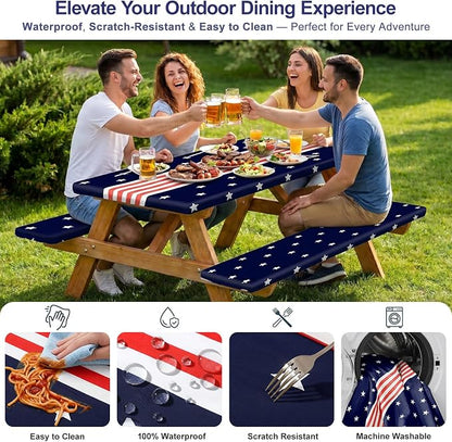 Picnic Table Cover with Bench Covers Windproof Waterproof Picnic Table Covers Camping Tablecloth with Self-Storage Bag, 72in, Navy Blue Runner
