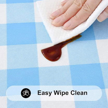 Smiry Rectangle Picnic Table Cloth, Elastic Waterproof Fitted Vinyl Tablecloths, Flannel Backed Buffalo Plaid Table Covers for Dining, Camping, Outdoor (Baby Blue and White, 30" x 96")