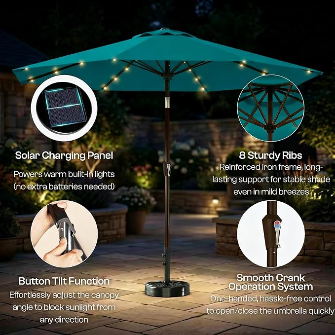 10FT Solar Lighted Patio Umbrella, Outdoor Table Market Umbrellas with Push Button Tilt and Crank, 32 LED Lights, 8 Sturdy Ribs, UV-Resistant for Deck, Garden, Pool