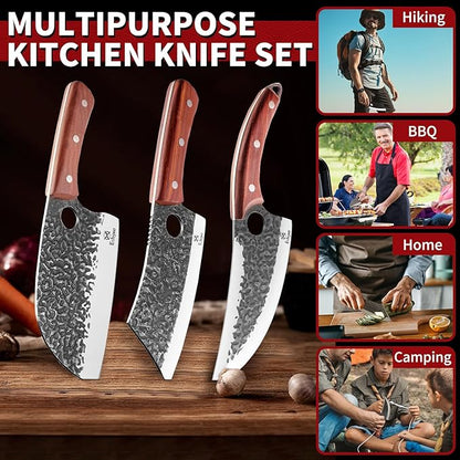 Butcher Knife Set – 3PCS Hand Forged Kitchen Knife Set with Serbian Chef Knife, Viking Boning Knife & Meat Cleaver, High Carbon Steel for Meat Cutting, Outdoor BBQ, Camping, Gift for Men