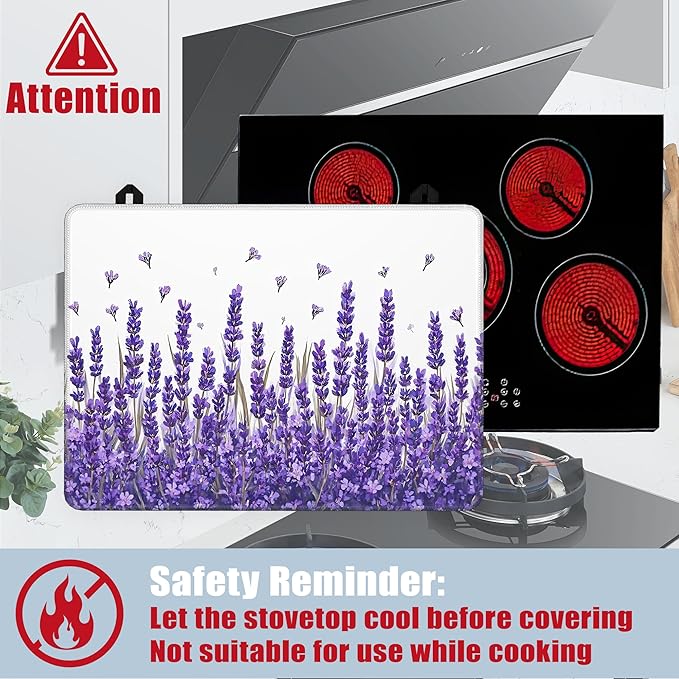 Purple Lavender Glass Top Stove Cover Protector,Spring Flower Stove Top Covers for Electric Stove,Washable Heat Resistant Cooktop Mat Anti-Slip Range Covers, 28 x 20 Inch