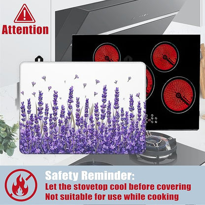 Purple Lavender Glass Top Stove Cover Protector,Spring Flower Stove Top Covers for Electric Stove,Washable Heat Resistant Cooktop Mat Anti-Slip Range Covers, 28 x 20 Inch