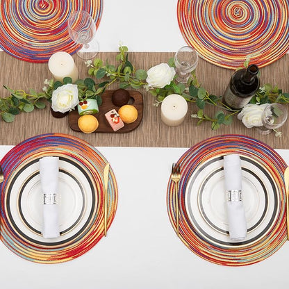 SHACOS Round Braided Placemats Set of 6 Table Mats Colorful Place Mats for Dining Tables Holiday Party Decor (Rainbow Red, 6)