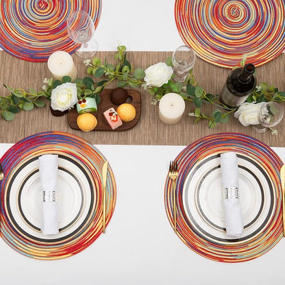 SHACOS Round Braided Placemats Set of 4 Variegated Colorful Placemats for Dining Tables Holiday Party Decor (Rainbow Red, 4)