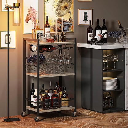 TUTOTAK Bar Cart with Wheels, Mini Drink Cart with Wine Rack & Glass Holder | 3-Tier 17 Inch Wide Home Bar Serving Carts, Small Mobile Kitchen Shelf with 6 Hooks, Greige BC01BG035