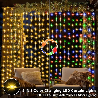10x10Ft Curtain Lights 300 LED Dual Color Changing Lights with Timer Remote | Plug in Curtain Lights Connectable Outdoor Waterproof String Light for Bedroom Wedding Party Decor, Warm White & Multicolor