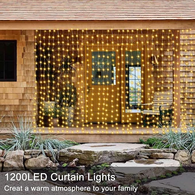 1200 LED Curtain Fairy Lights 10Ftx10Ft with Timer Remote Control Plug in | 8 Modes Curtain Lights Outdoor Waterproof Christmas String Lights forBedroom Backdrop Wedding Party Decoration, Warm White