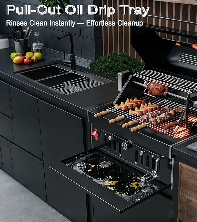 Built-In Charcoal BBQ Grill, Stainless Steel Charcoal Grills with Liftable Tray, Visible Insulated Hood &Temperature Gauge, Baking Tray &Roasting Fork,for Patio Backyard Parties Barbecue