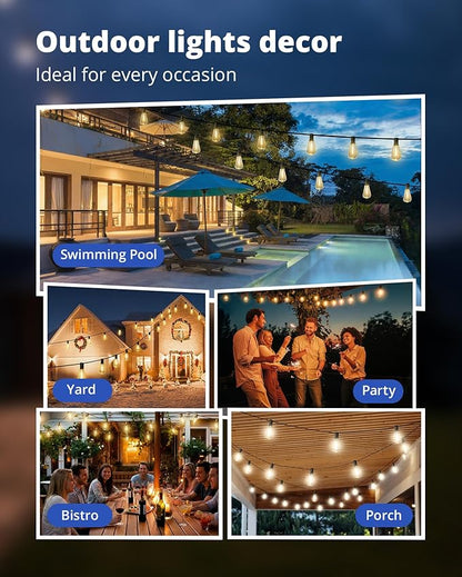VIPAR String Lights Outdoor 50FT LED Patio Lights Outdoor Waterproof with 25+2 Shatterproof ST38 Edison Bulbs, Outside Hanging Light for Porch, Garden, Backyard, Deck, Balcony, Decor, 2700K Dimmable