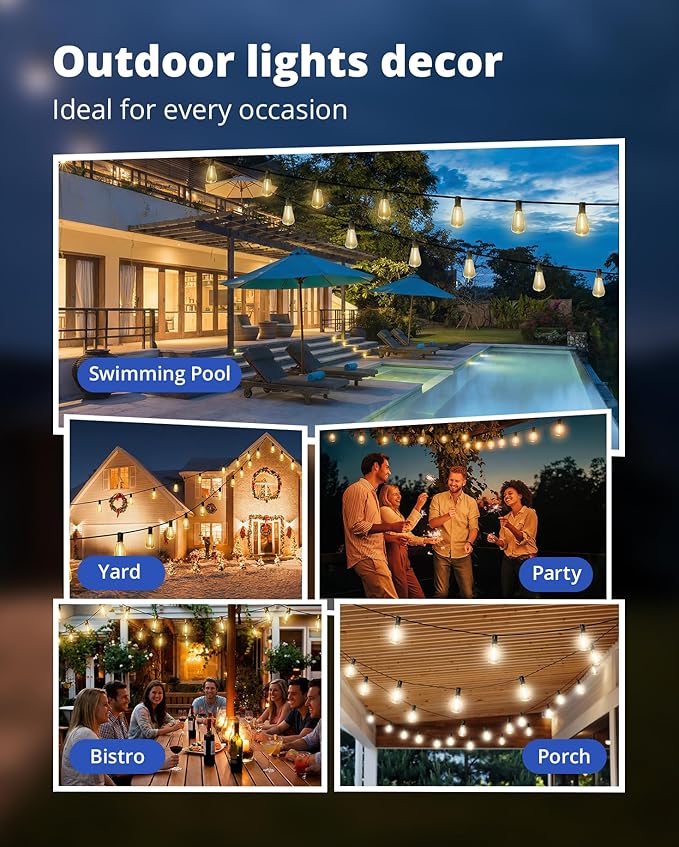 VIPAR Outdoor String Lights 120FT Patio Lights Outdoor Waterproof with 56+2 Shatterproof ST38 Edison Lights Bulb, LED Outside Hanging Light Connectable for Backyard, Porch, Garden, yard, Bistro, 2700K