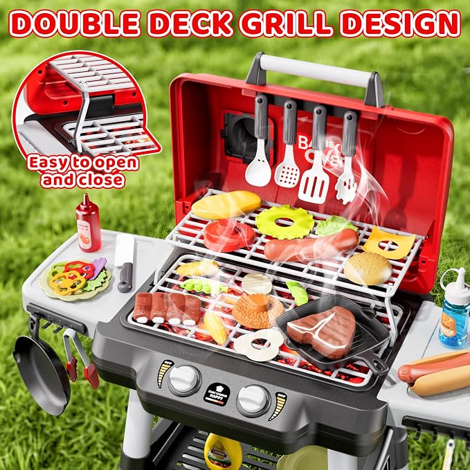 2-Tier Kids BBQ Grill Playset, Toy Grill for Kids, Outdoor Play Food | For toddlers ages 3-5, includes 35 grill accessories, play food & utensils for outdoor pretend BBQ cookout playset fun