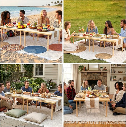 60"x30" Portable Boho Wooden Low Folding Picnic Table for Indoor Outdoor | Comes with Table Runner, Stable 8-leg Support & Thickened Structure, Thick Painted Tabletop Easy to Wipe, Fits 4-6 People