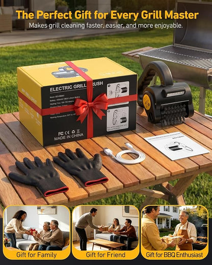Electric Grill Brush, BBQ Grill Brush for Outdoor Use with LED Light, 300 RPM Powerful Cleaning, 4400mAh Battery, Splash Guard, Reinforced Steel Bristles for Cast Iron & Stainless Steel Grills