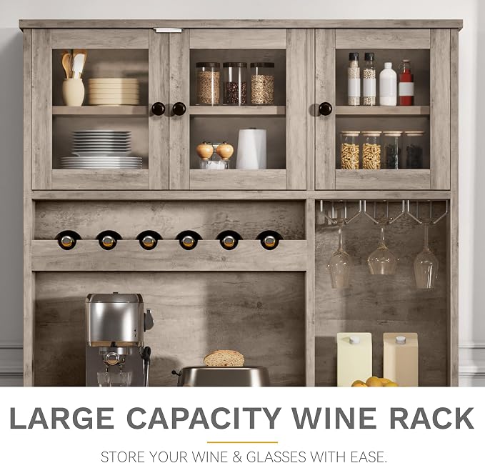 DWVO 71''H Pantry Cabinet with Drawer, Doors, Goblet Holder, Wine Rack for Storage, Pantry Cabinet with Power Outlet for Kitchen & Living Room (Grey Oak) | Tall Cabinet with Doors, Shelves & Drawer, Buffet Cabinet with Goblet Holder and Wine Rack for K...