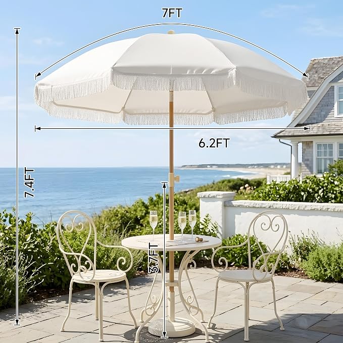 7FT Boho Patio Umberlla with Fringe,UPF50+ Outdoor Umbrella with Fiberglass Ribs and Push Button Tilt,Tassels Umbrella for Beach,Terrace,Picnic