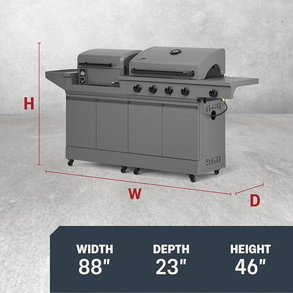 Tytus Anaheim 4-Burner Gas Grill with Prep Cart and Pellet Smoker Grill + Cover, Light, Griddle Insert - Modular Outdoor Kitchen, Quick Assembly, Outdoor Cooking, Kitchen Island for BBQ
