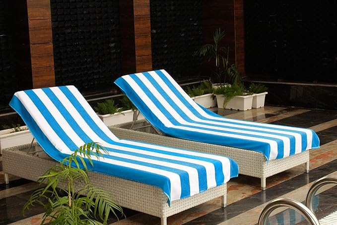 COTTON CRAFT Pool Lounge Chair Cover - 2 Pack - Chaise Beach Picnic Spa Towel - Cabana Stripe - Soft Premium Ringspun Terry Cotton - Oversized - 32 inch Wide x 82 inch Long with 7 inch Pocket – Aqua