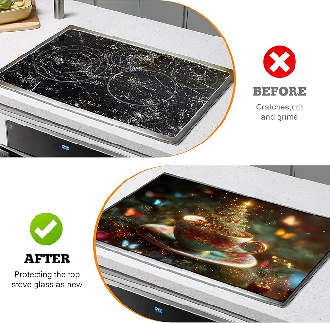 Christmas Multi-Design Stove Cover for Glass/Electric Stoves - 3-in-1 Heat-Resistant Protector Mat, Non-Slip Drying Rack 28"x20"