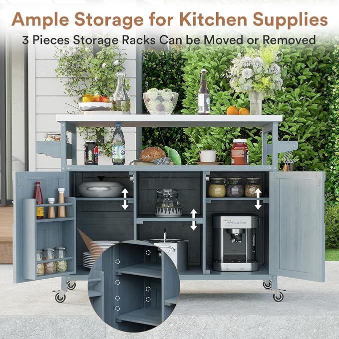 Zevemomo Outdoor Grill Cart with Storage, Lockable Casters, Gray-Blue | Stainless Steel Tabletop Outdoor Kitchen Island, Fir Wood Outdoor Buffet Cabinet for Kitchen & Barbecue