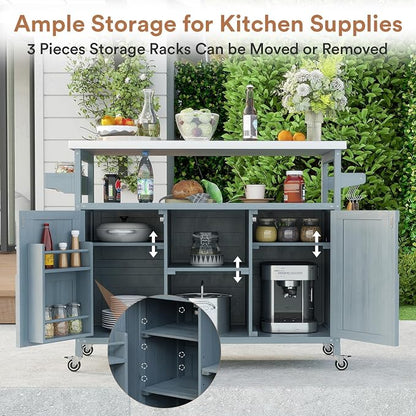 Zevemomo Outdoor Grill Cart with Storage, Lockable Casters, Gray-Blue | Stainless Steel Tabletop Outdoor Kitchen Island, Fir Wood Outdoor Buffet Cabinet for Kitchen & Barbecue