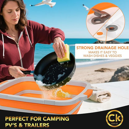 Collapsible BBQ Prep Tub XL with Locking Lid & Drain Hole | Meat Marinating Container with Cutting Board | BPA-Free Food-Grade Prep Tubs for Grilling, Camping & Outdoor Cooking (Orange, 16 L)