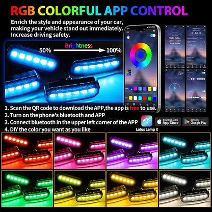 RGB LED Grille Lights 4PCS，Universal Clip-On Car Front，IP66 Atmosphere Exterior Grill Lights Remote APP Control，Compatible with Jeep Wrangler,Ford F150,Dodge Ram 1500,Toyota Tacoma