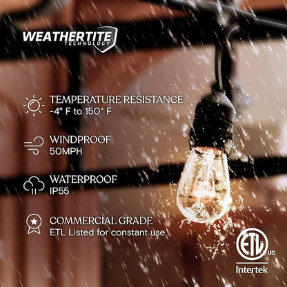 Brightech Ambience Pro Incandescent Outdoor String Lights - Commercial Grade Waterproof Patio Lights with 48 Ft Dimmable Edison Bulbs, Porch String Lights for Patio, Backyard - 15 Bulbs 11W