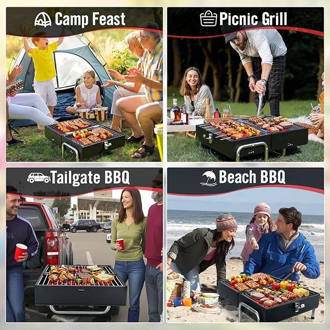 Portable Charcoal Grill with Heat Resistant Mat, 2 IN 1 Double-Sided Tabletop Small BBQ Grill for Backyard Party Outdoor Camping Beach BBQ, Easy Assembly, Heavy Duty, Black (270 Sq.In)
