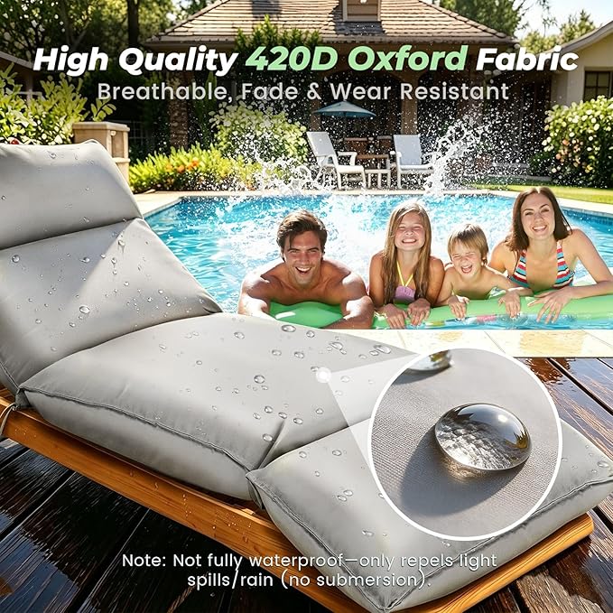 Outdoor Chaise Lounge Chair Cushion, Waterproof Non-Slip Patio Chaise Lounge Cushions for Outdoor Furniture, 72 x 21 x 5 Inches, Grey