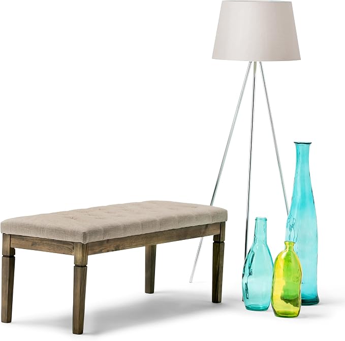 SIMPLIHOME Waverly 48" Wide Linen Look Rectangle Ottoman in Natural | Natural linen look, traditional tufted ottoman bench with carved legs; perfect footstool or footrest for bedroom or entryway.