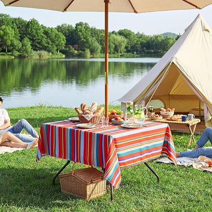 Poise3EHome Square Outdoor Tablecloth with Umbrella Hole and Zipper,Stripe 60x60 Inch,Polyester SpillProof Washable Table Cloth for Spring Summer Patio Garden Poolside Picnic Camping BBQS