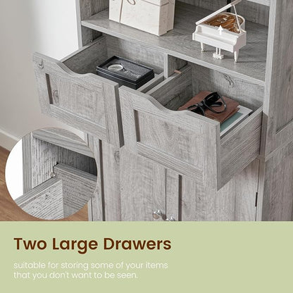 Iwell Storage Cabinet with 2 Drawers & Adjustable Shelf, Tall Bathroom Cabinet with Doors, Cupboard, Kitchen Cabinets for Living Room, Dining Room, Entryway, Grey
