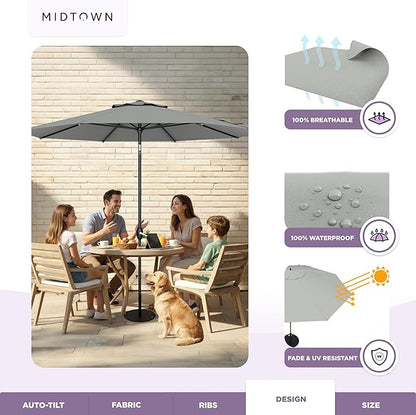 Midtown Umbrellas 10-Year-No-Fade - 9 Ft - UV Proof Matter Grey Polyester Fabric - Umbrella Outdoor Patio, Auto-Tilt Aluminum Frame Patio Umbrella for Garden, Pool & Deck - Black Pole